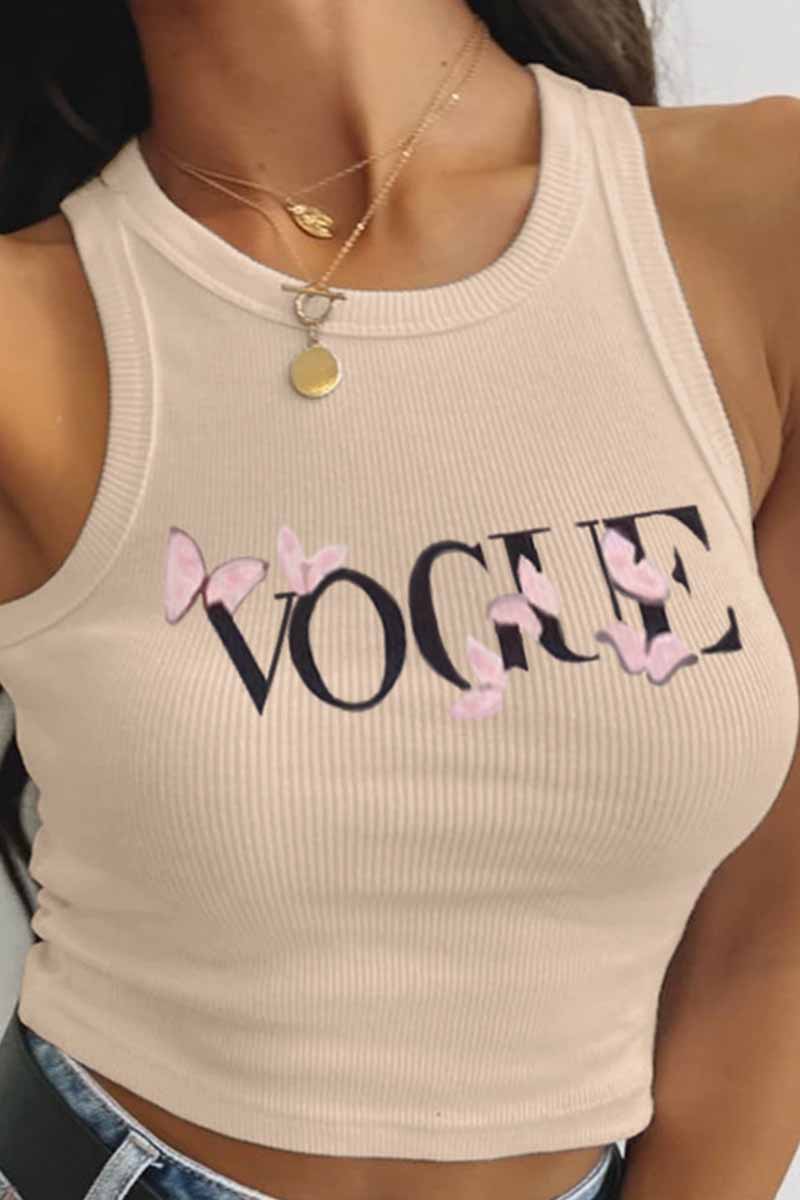 

Apricot Fashion Sexy Print Letter O Neck Tops