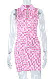ピンク セクシー プリント パッチワーク ターンダウン カラー ワンステップ スカート ドレス