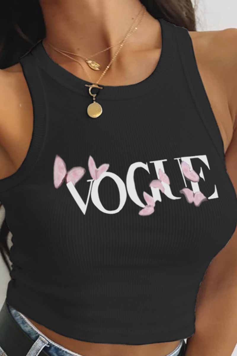 

Black Fashion Sexy Print Letter O Neck Tops