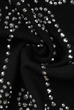 Zwarte sexy effen patchwork met kwastjes doorzichtige hete boor O-hals eenstaps rokjurken
