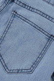 Blauwe mode casual effen gescheurde patchwork hoge taille regular denim jeans