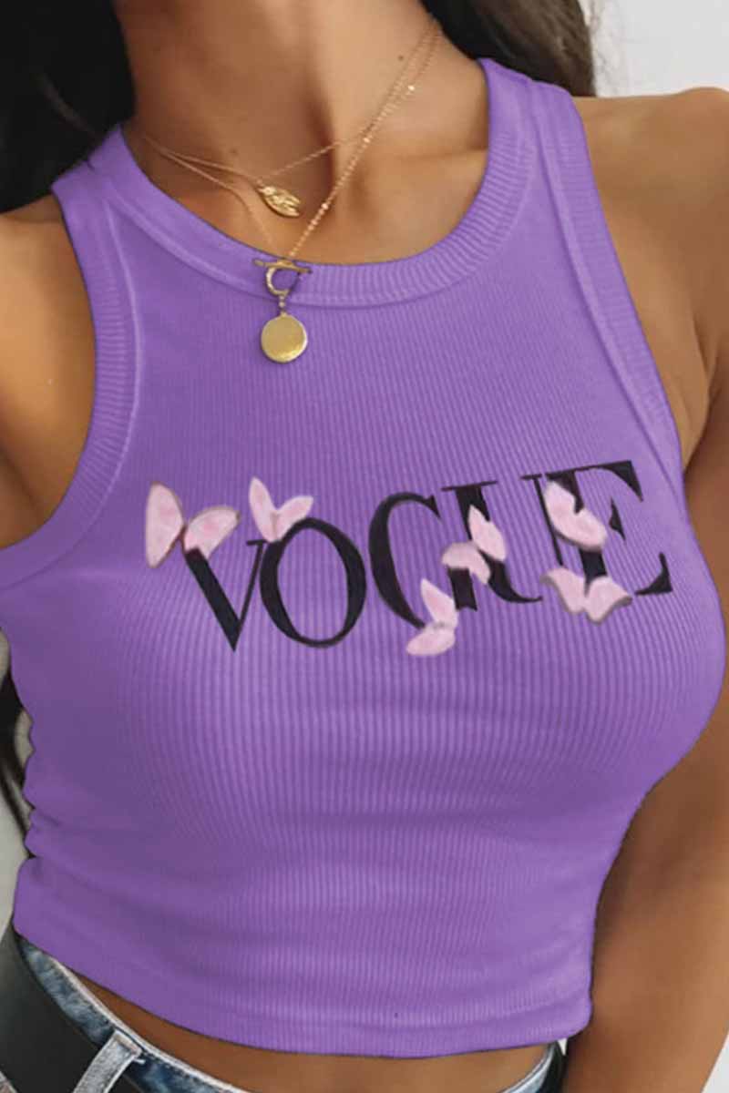 

Purple Fashion Sexy Print Letter O Neck Tops