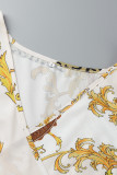 Weißes, modisches, lässiges, ärmelloses Kleid mit Patchwork-Schlitz und V-Ausschnitt