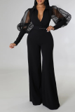 Black Fashion Solid Mesh V Neck Boot Cut Jumpsuits(Without belt)