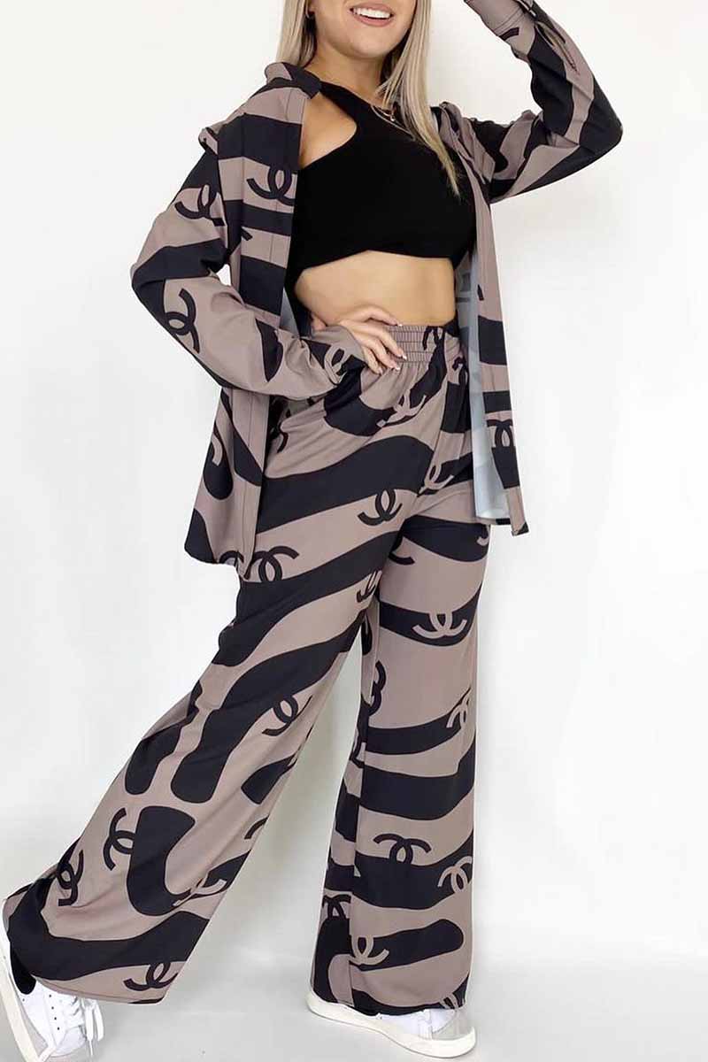 

Dark Gray Fashion Casual Print Patchwork Turndown Collar Long Sleeve Two Pieces