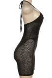 Black Sexy Solid Patchwork See-through Halter Regular Rompers