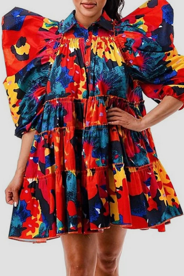 Rode mode casual print patchwork gesp turndown kraag A-lijn jurken