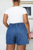 Blaue, lässige, solide Patchwork-Lose mit hoher Taille, gerade, einfarbig, plus Größen-Denim-Shorts