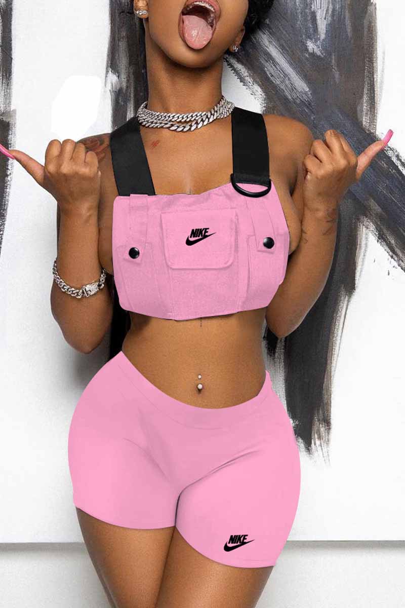

Pink Fashion Street Print Patchwork Spaghetti Strap Sleeveless Two Pieces