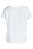 ホワイトレッドカジュアルプリントブロンズパッチワークOネックTシャツ