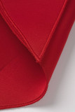 Rote Promis Elegant Solid Patchwork Volant Asymmetrisch Schrägkragen Abendkleid Kleider
