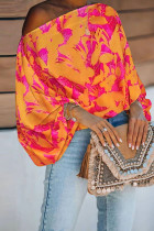 Tangerine Red Casual Print Patchwork Off-the-Shoulder-Tops