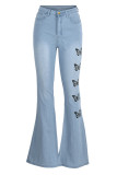 Vaqueros de mezclilla regular de cintura alta con estampado de mariposa casual de moda azul