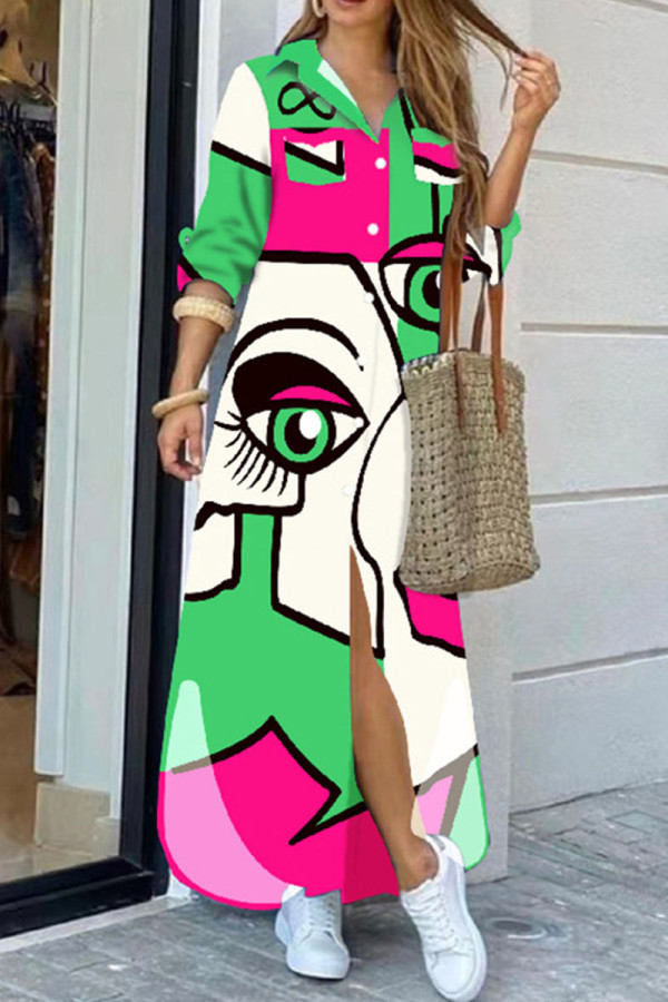 Зеленое повседневное платье-рубашка с отложным воротником и пряжкой в ​​стиле пэчворк с уличным принтом Платья