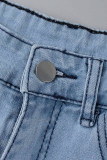 Blaue, modische, lässige, feste, zerrissene Patchwork-Jeans mit hoher Taille