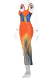 Orangefarbenes, modisches, sexy bedrucktes, rückenfreies, gefaltetes Sling-Kleid mit V-Ausschnitt und Patchwork