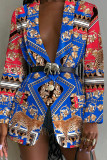 Multicolor Fashion Casual Print Patchwork Turn-back Collar Outerwear (Without Belt)