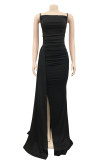 ブラック ファッション セクシー ソリッド パッチワーク バックレス フォールド スパゲッティ ストラップ ロング ドレス