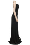 ブラック ファッション セクシー ソリッド パッチワーク バックレス フォールド スパゲッティ ストラップ ロング ドレス