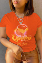 Camisetas Laranja Moda Vintage com Impressão Letra O Decote