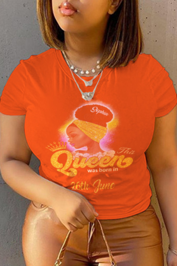 Camisetas Laranja Moda Vintage com Impressão Letra O Decote