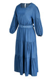 Синие модные повседневные однотонные лоскутные платья с круглым вырезом