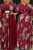Roze mode casual print patchwork O-hals lange mouwen plus size jurken