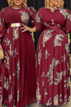 Robes de grande taille à manches longues et à manches longues à imprimé décontracté à la mode rouge