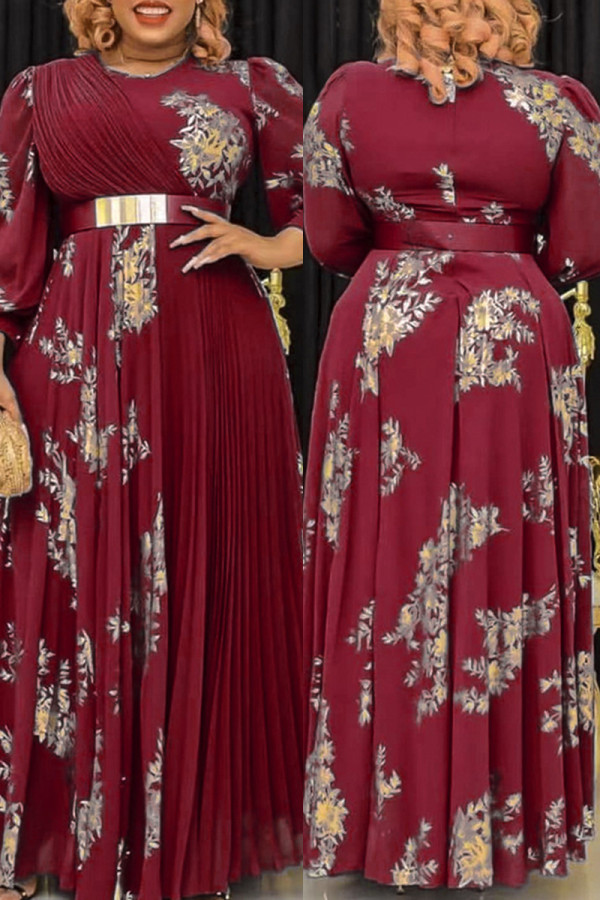 Rode mode casual print patchwork O-hals lange mouwen plus size jurken