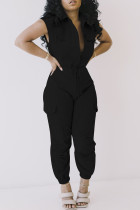 ブラック ファッション カジュアル ソリッド パッチワーク ターンダウン カラー レギュラー ジャンプスーツ
