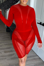 Красный модный сексуальный однотонный пэчворк с круглым вырезом и длинным рукавом из двух частей