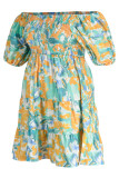 Robe décontractée grande taille imprimé patchwork col rond manches courtes bleu