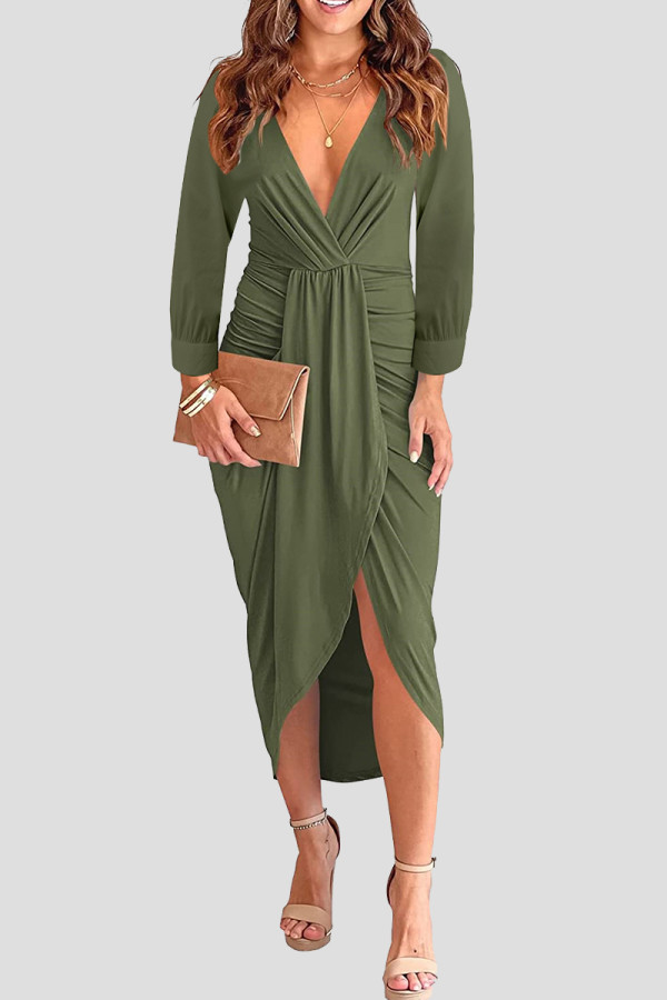 Армейские зеленые модные повседневные однотонные лоскутные платья с длинным рукавом