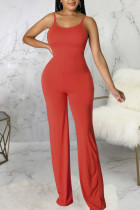 Tangerine Red Sexy Solid Patchwork Spaghetti Strap Straight Jumpsuits