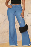 Azul casual sólido bandagem patchwork cintura alta jeans jeans