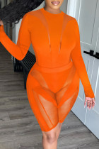 Moda naranja sexy patchwork sólido transparente cuello redondo manga larga dos piezas