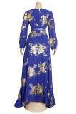 Blue Fashion Casual Print Patchwork O Neck Long Sleeve Plus Size Dresses