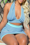 Moda azul sexy estampado a rayas vendaje sin espalda halter sin mangas dos piezas