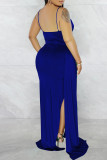Синее модное сексуальное однотонное длинное платье в стиле пэчворк со складками на тонких бретельках и открытой спиной