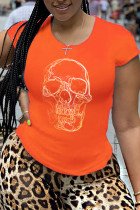 T-shirt con scollo a O patchwork con stampa vintage arancione