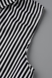 Black Casual Striped Print Patchwork Buckle Turndown Collar Straight Rompers