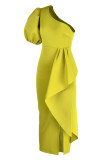Célébrités jaunes élégantes robes de soirée à col oblique asymétrique à volants en patchwork solide