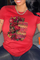 Camisetas con cuello en O de patchwork con estampado informal rojo
