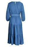 Blauwe mode casual effen patchwork O-hals jurken
