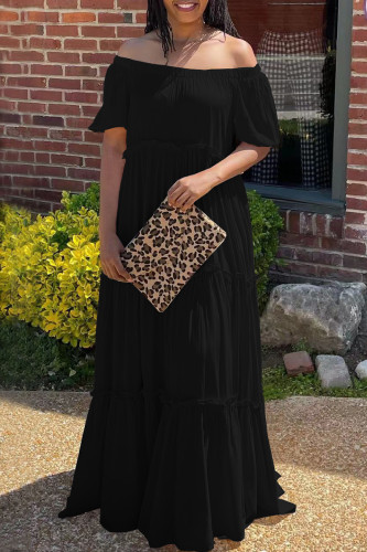 Zwarte mode casual effen patchwork off-shoulder lange jurk