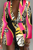 Pink Fashion Casual Print Patchwork Turn-back Collar Outerwear (Without Belt)