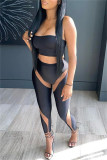 Black Fashion Sexy Solid Patchwork See-through Backless Strapless Sleeveless Two Pieces