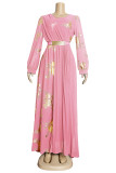Розовые модные повседневные платья в стиле пэчворк с круглым вырезом и длинными рукавами больших размеров