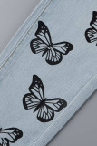 Lichtblauwe modieuze casual vlinderprint patchwork hoge taille skinny denim jeans