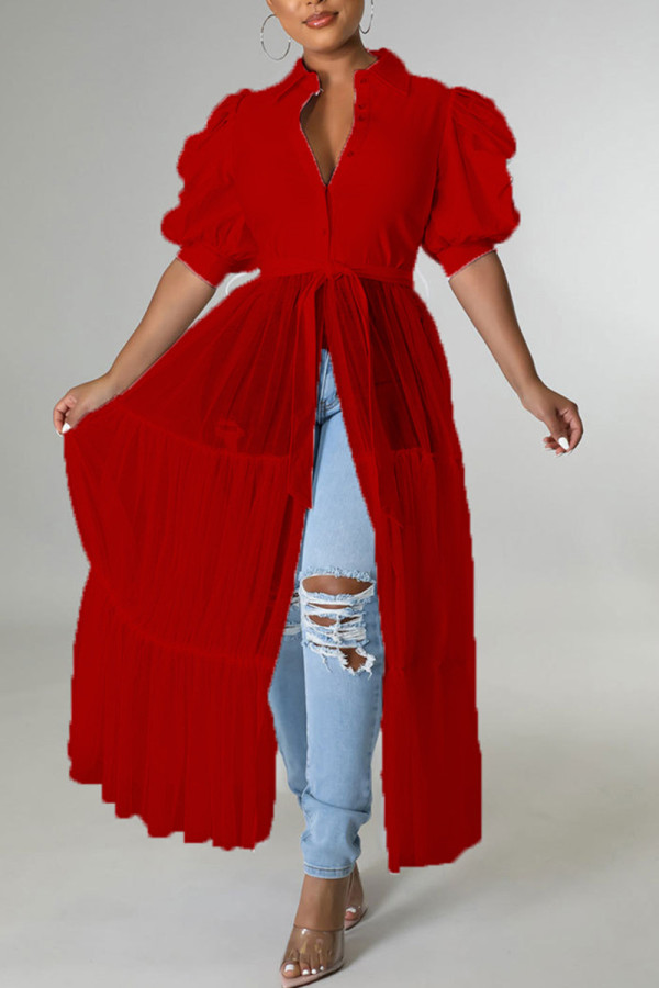 Красное модное повседневное однотонное лоскутное сетчатое платье-рубашка с отложным воротником